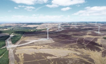 Image of Ray wind farm, areal photo showing wind turbines in a green lanscape.