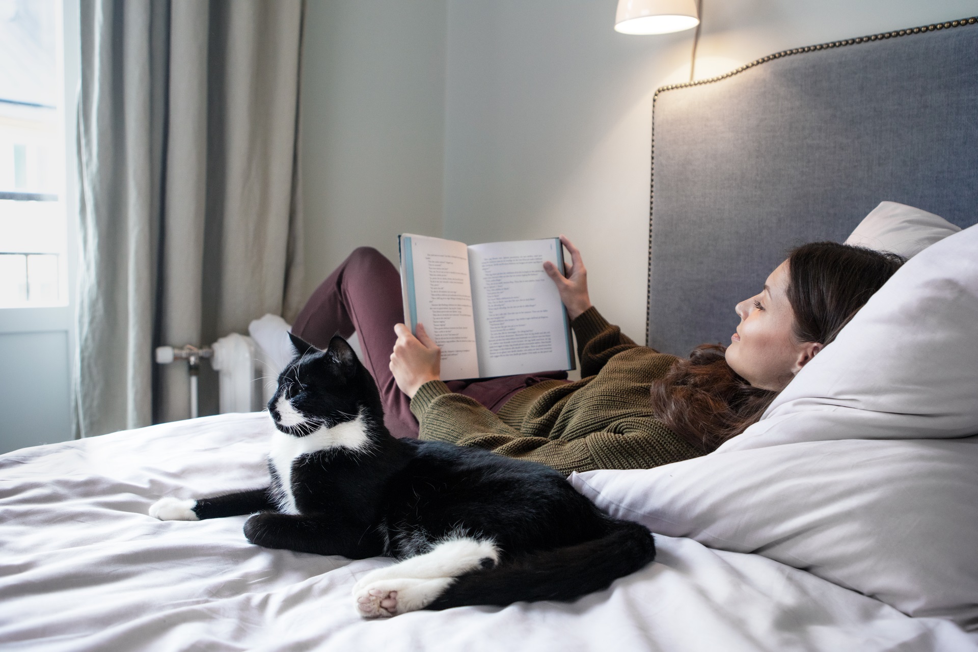 Woman and a cat on a bed Woman and a cat on a bed